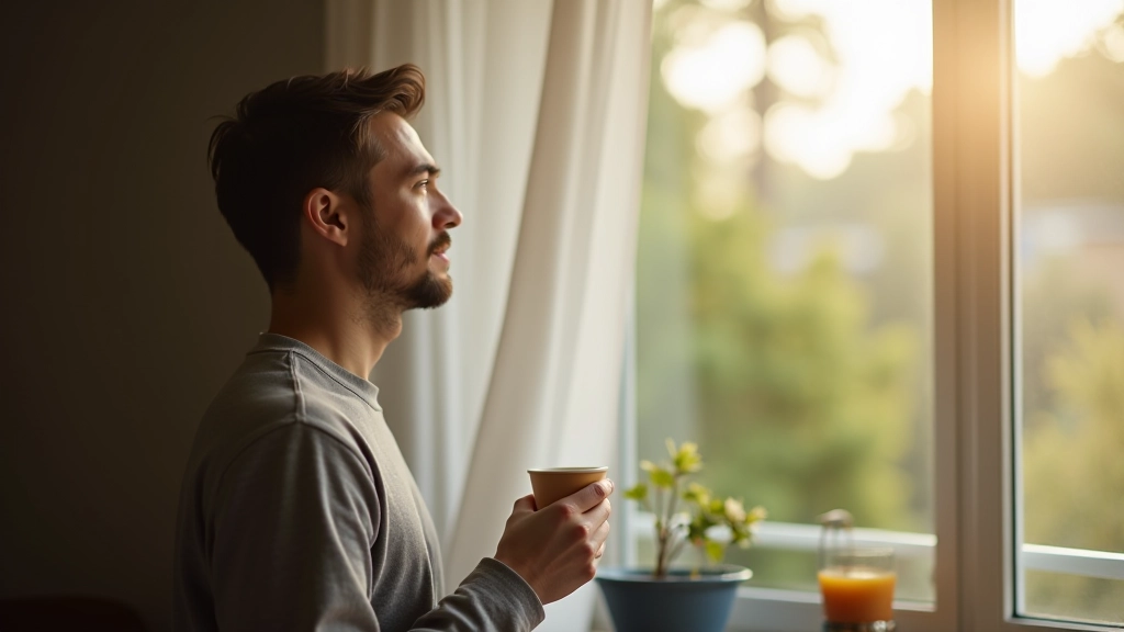 Muž pije kávu a dívá se z okna na ranní krajinu