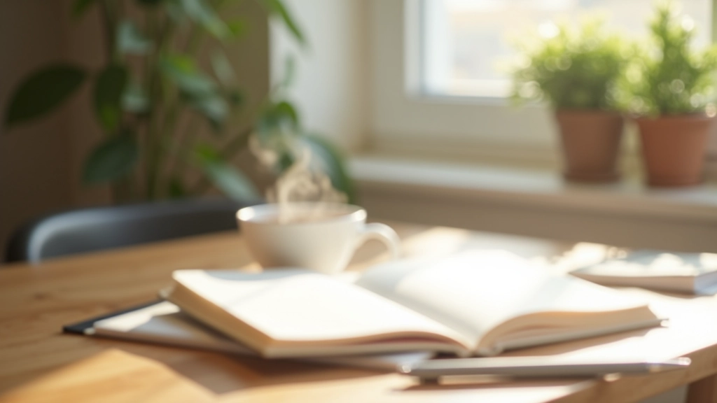 Snímek ranního pracovního prostoru s notebookem, šálkem čaje a květinou v přirozeném světle