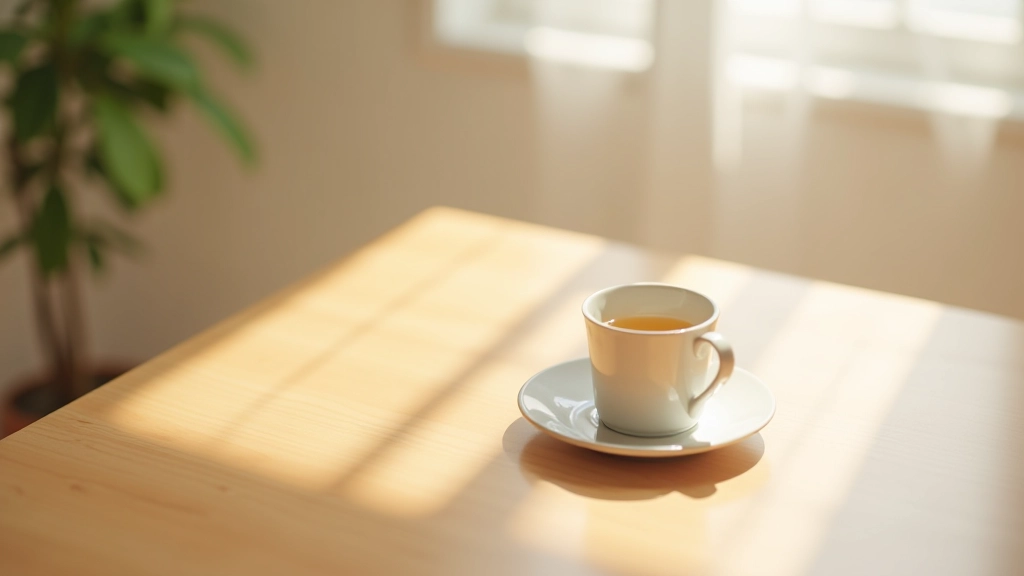 Prázdný stůl s hrnkem čaje a vypnutým telefonem tvář dolů