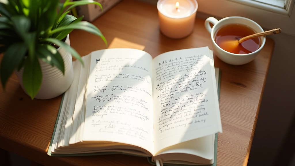 Otevřený zápisník s perem na dřevěném stole vedle šálku čaje a svíčky