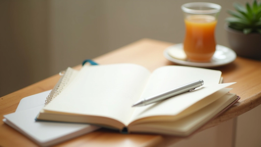 Otevřený deník s perem a šálkem čaje na dřevěném stole