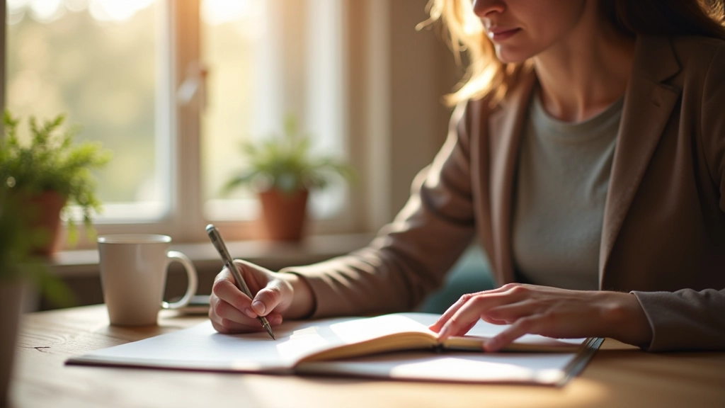 Detailní snímek zápisníku s rukou držící pero nad stránkou s psaným textem