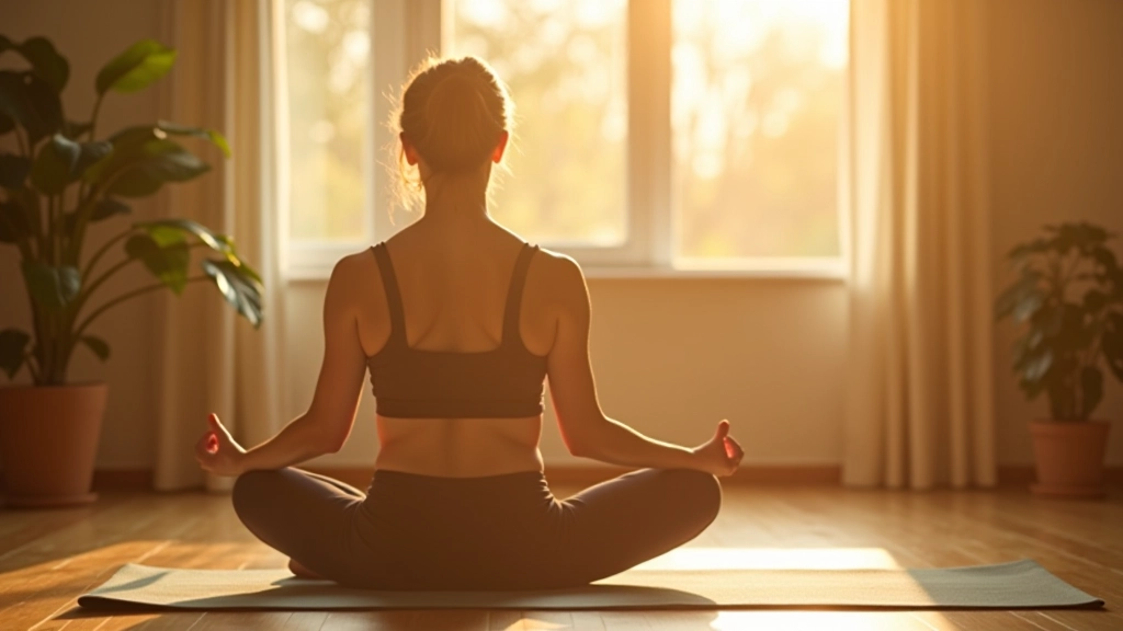 Osoba v lehké joze pozici u okna s ranním slunečním světlem, jogou mat