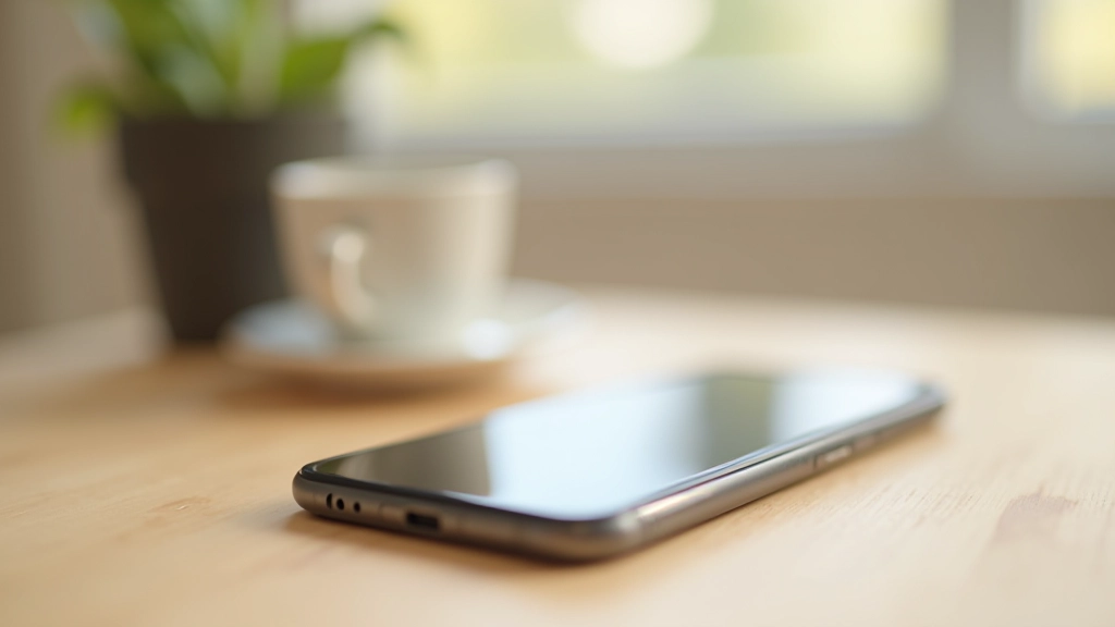 Vypnutý telefon tvář dolů na minimalistickém stole vedle šálku čaje