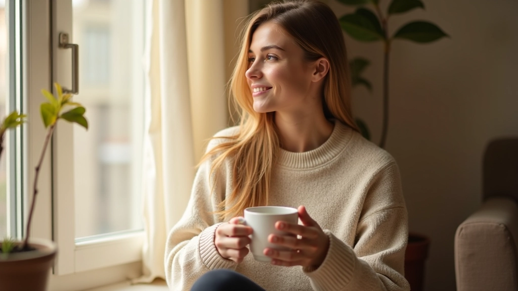Osoba sedící na okně s šálkem čaje ráno, přirozené světlo, ústav, bez telefonu viditelného
