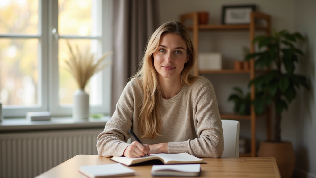 Žena sedící u stolu s zápisníkem v tichém ranním prostředí s přírodním světlem