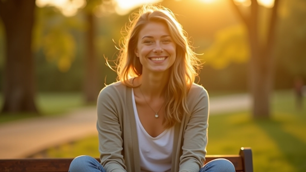 Žena v parku sedící na lavičce, usmívající se, ranní slunce, věnuje si čas sám sobě