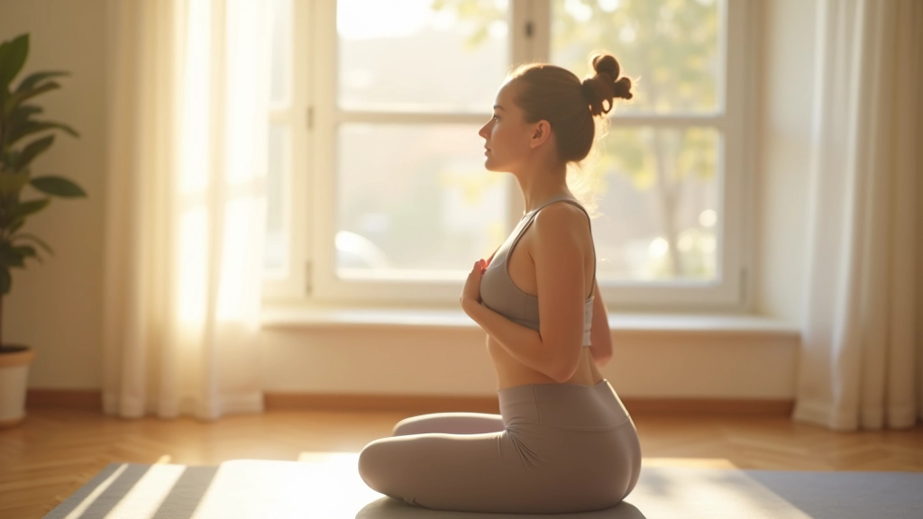 Žena v jogu pozici na maťi vedle okna s ranním slunečním světlem